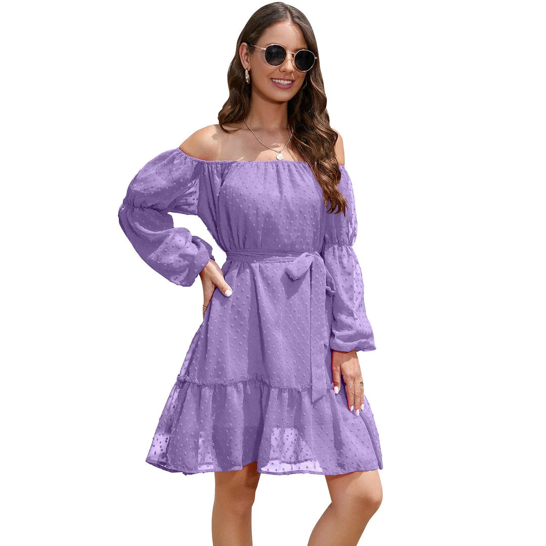 Stylish one-shoulder chiffon dress with ruffled bubble dot design, available in various sizes and blue colour