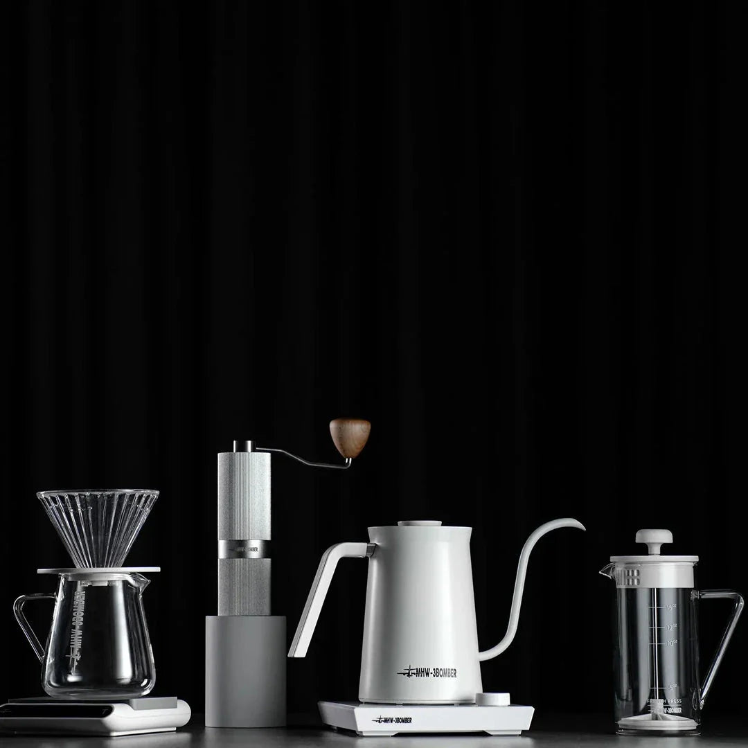 A stainless steel electric gooseneck kettle with precise temperature control and an elegant design, perfect for hand-brewing coffee at home.