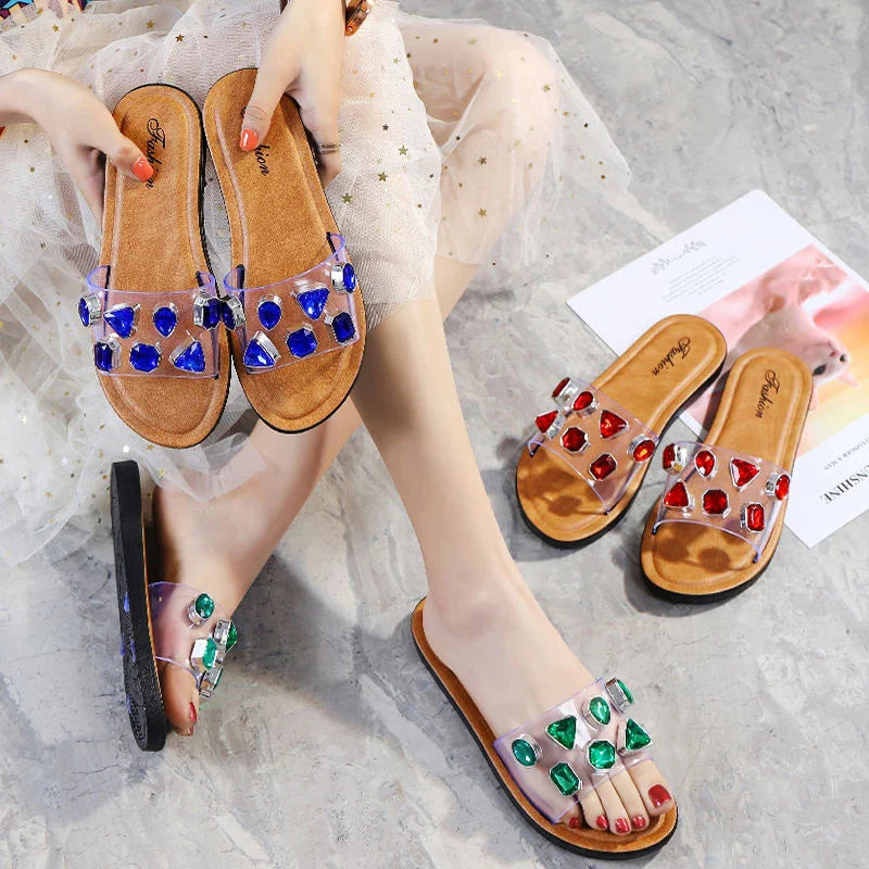 Stylish anti-slip sandals with gemstone and diamond embellishments, available in ruby red, green, and blue colours