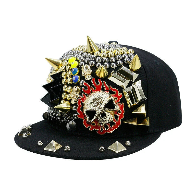 Stylish Ghost Head Baseball Cap with Rivets - Adjustable, Flat Brim, Premium Cotton-Polyester Blend