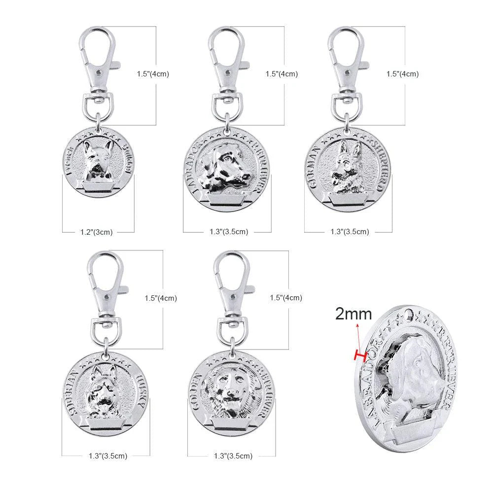 A premium silver dog ID tag with a customized engraved design, providing both style and practical functionality for your beloved canine companion.