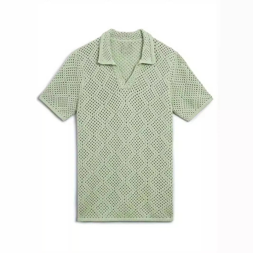 Premium quality men's knitted summer shirt in green, navy, and beige colours with a classic pullover design