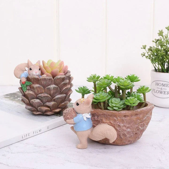 Cartoon squirrel-themed succulent planter in resin material, featuring a drainage hole for healthy plant growth