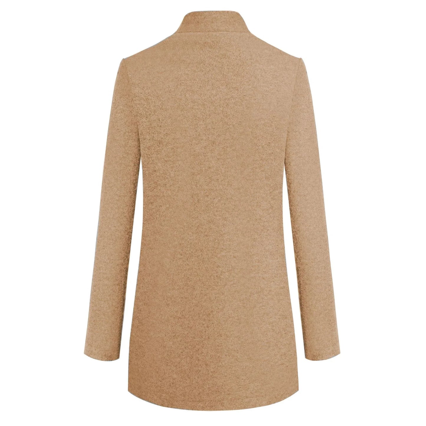 Premium British woollen coat with stand collar, featuring a sleek, slim-fit silhouette and subtle stitching details