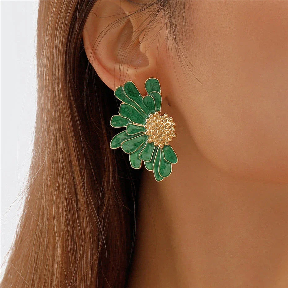 Vibrant, multi-coloured floral petal stud earrings with a blend of bohemian and modern influences