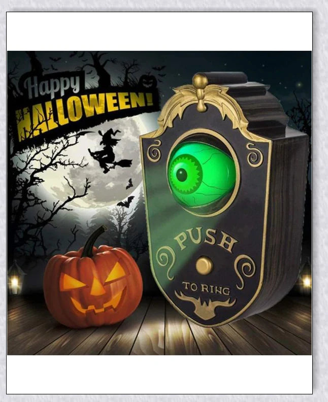 Spooky animated Halloween doorbell with a lifelike glowing green eyeball that peers out and greets guests