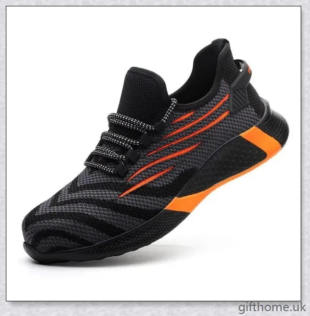 Pair of anti-smashing and anti-piercing sneakers with a flying woven upper and lightweight EVA sole, offering superior protection and comfort.