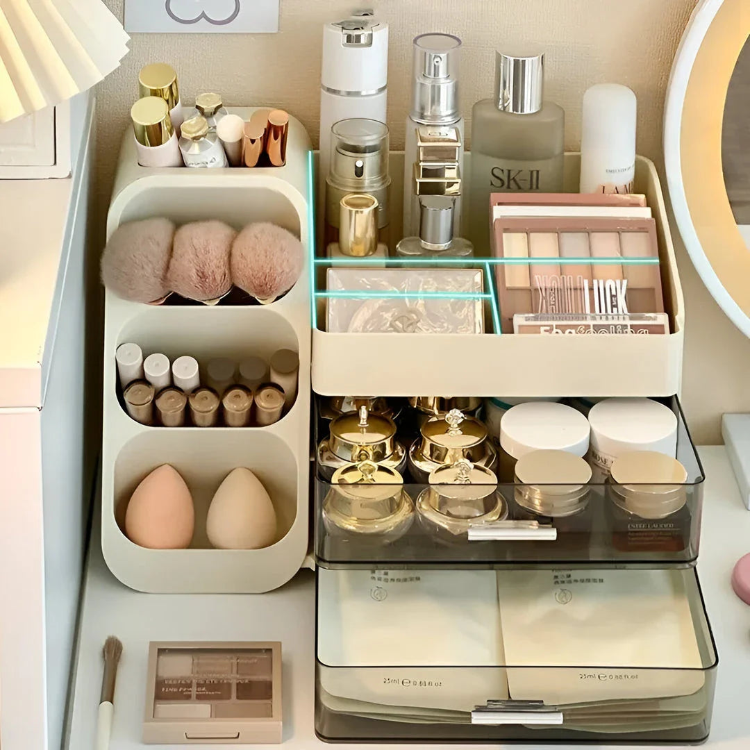 A large makeup organizer with a rotating brush holder and divided tray for storing cosmetics, skincare products, and beauty tools.