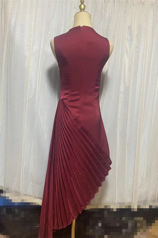Elegant asymmetric dress with half turtleneck in wine red and milky white colours