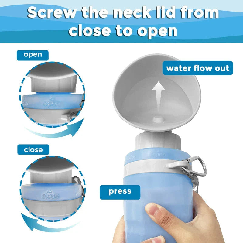 Portable dog water bottle with foldable drinking cup bowl, made of durable and food-grade plastic for safe hydration on walks, hikes, and outdoor activities.