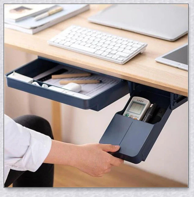 Discreet hidden under-desk storage drawer for pens, pencils, and other office supplies