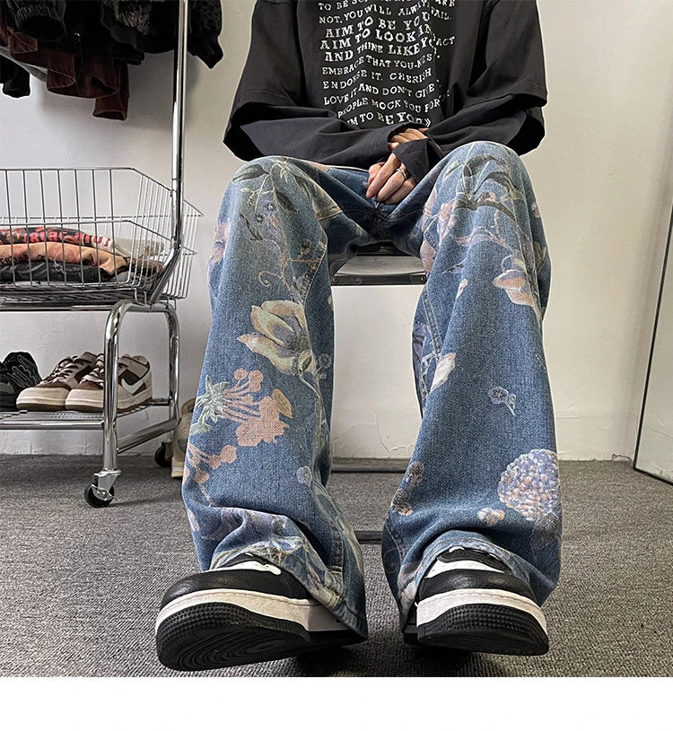 Stylish British men's loose straight-leg jeans in classic blue colour, made from durable chemical fibre blend for all-day comfort and versatility.