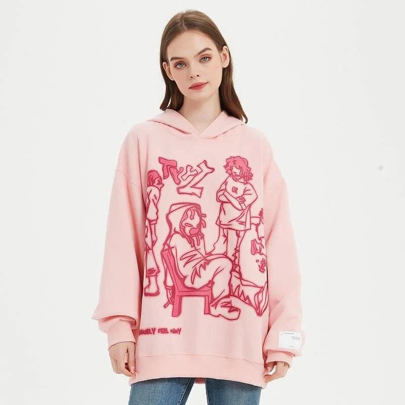 Vibrant Harajuku-inspired anime graphic hoodie with loose, comfortable fit and full-length sleeves