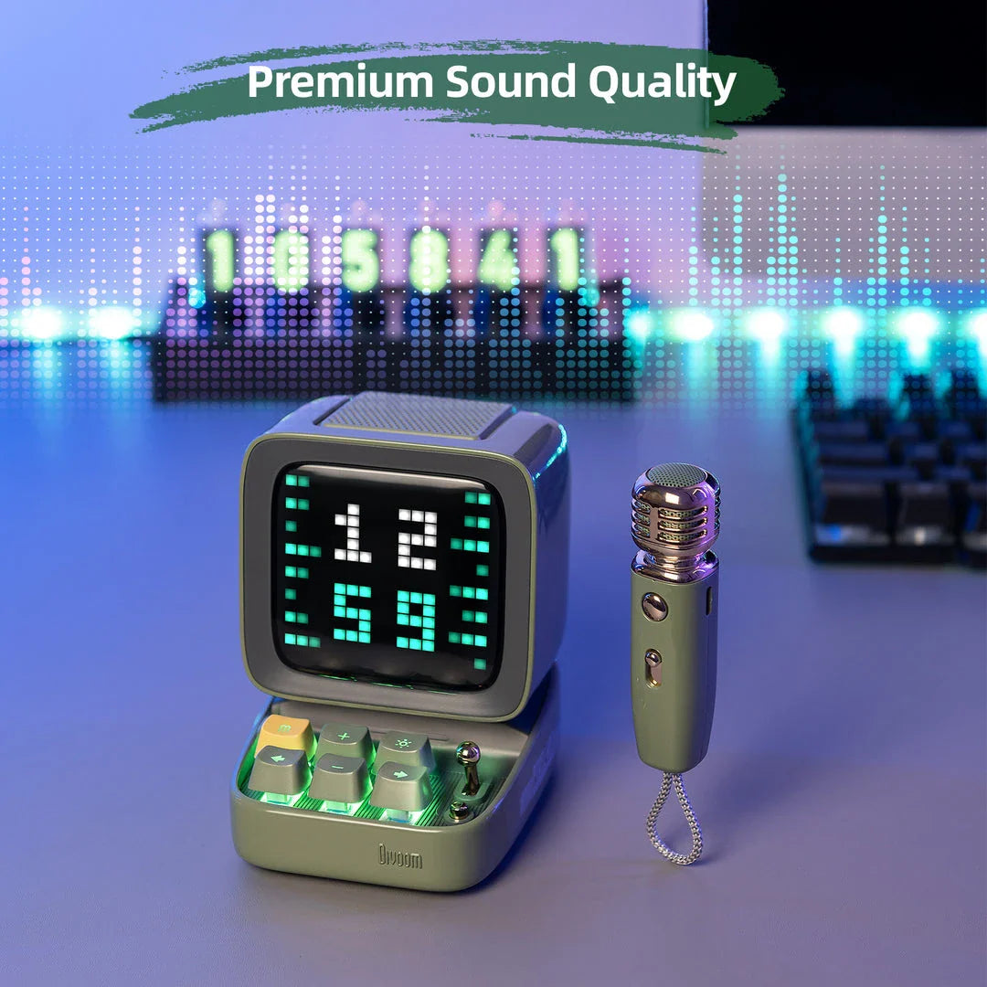 Ditoo-Mic Bluetooth Speaker with pixel art display, karaoke microphone, and retro design