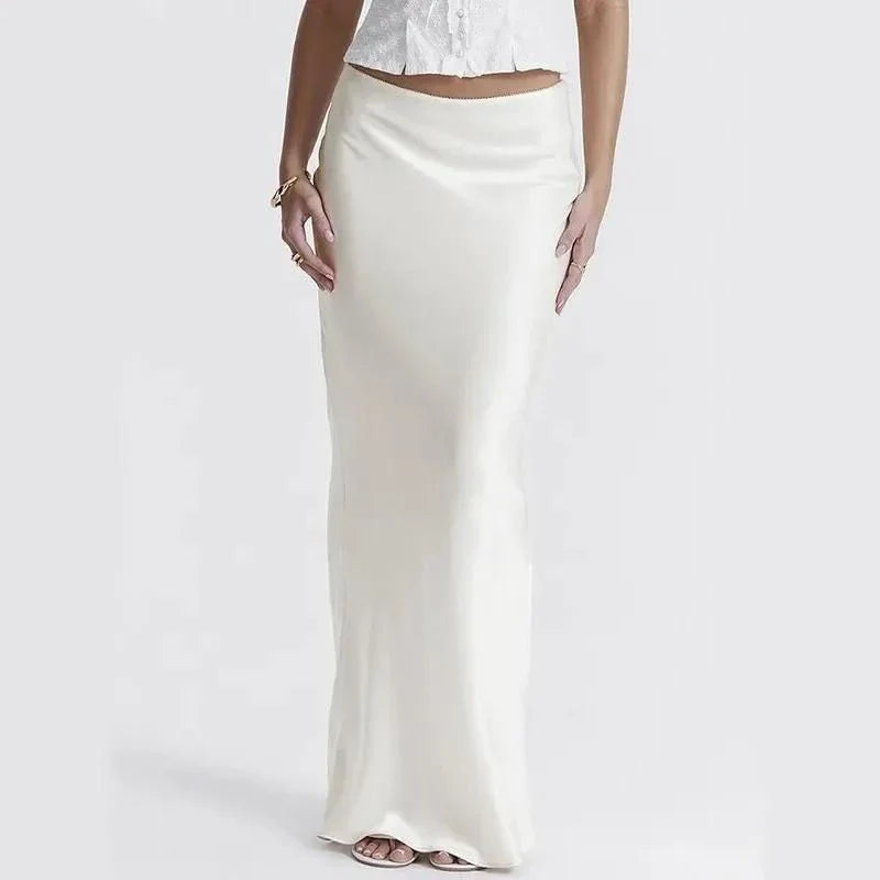 Sophisticated satin maxi skirt with adjustable waist, available in black colour and XS-L sizes