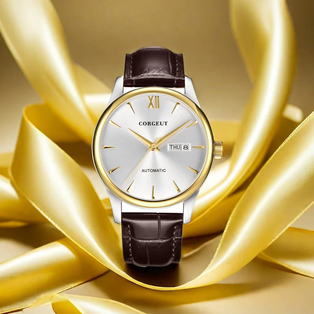 A sophisticated automatic mechanical watch with a gold/white or gold/black face, stainless steel case, and genuine leather strap