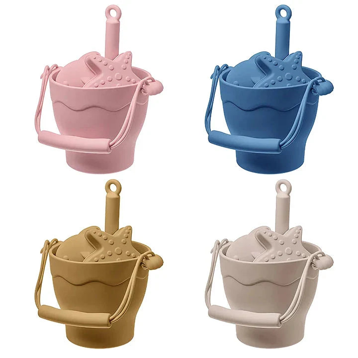 Premium eco-friendly silicone beach playset with bucket, spades, and themed molds for children's creative outdoor play