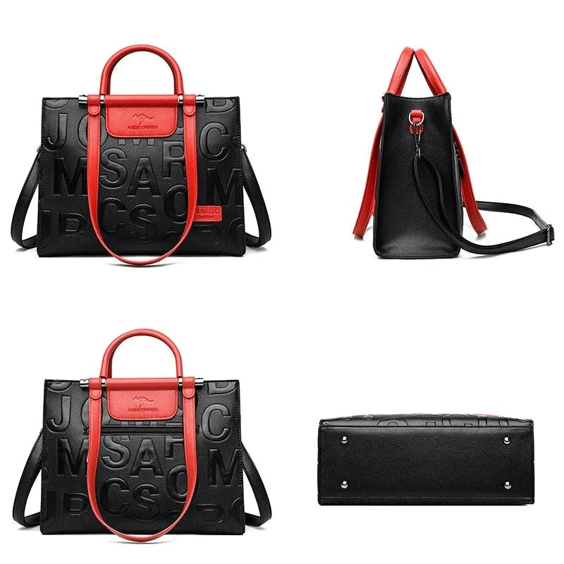 Sophisticated large leather tote bag with embossed lettering design, suitable for daily use and travel