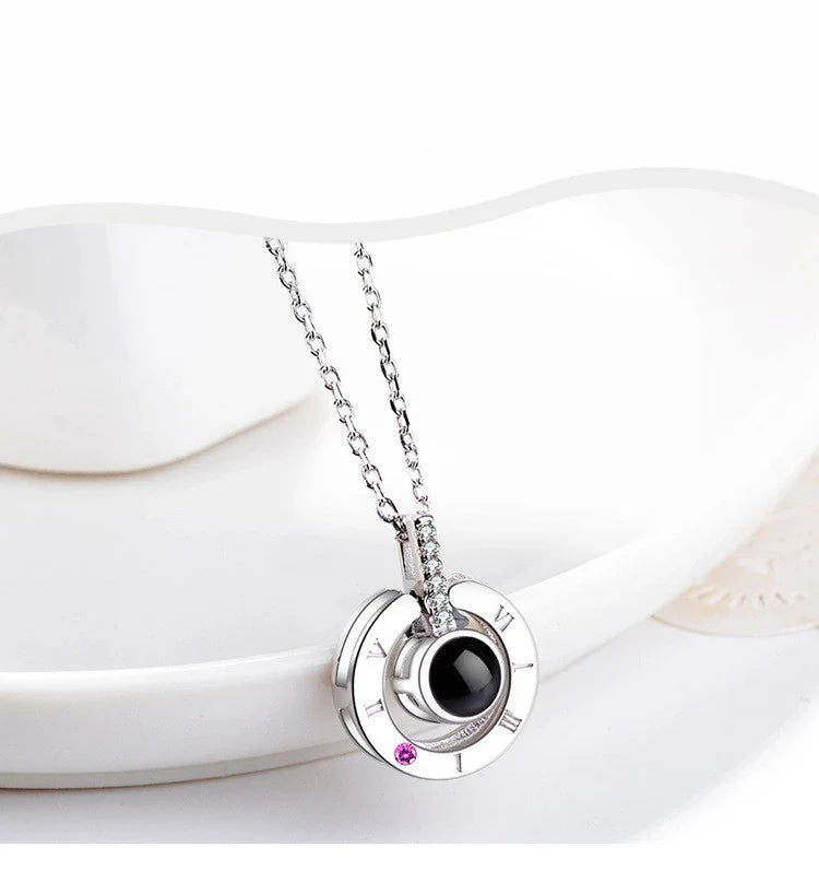 Elegant 925 Sterling Silver clavicle chain with 100 languages 'I love you' inscription and delicate geometric design