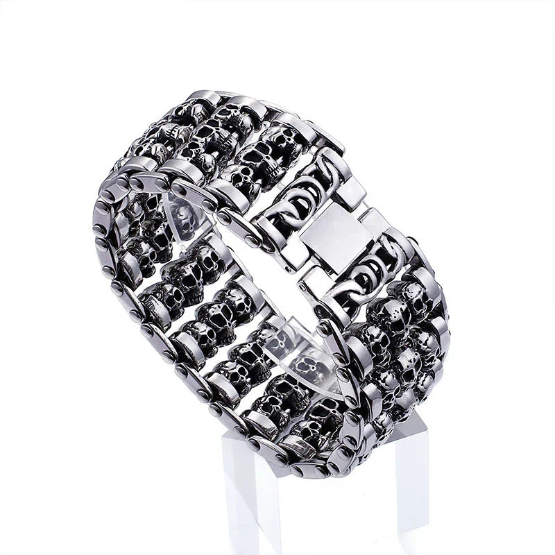 A premium titanium steel skull bracelet, designed for the style-conscious British gentleman with a rebellious spirit.