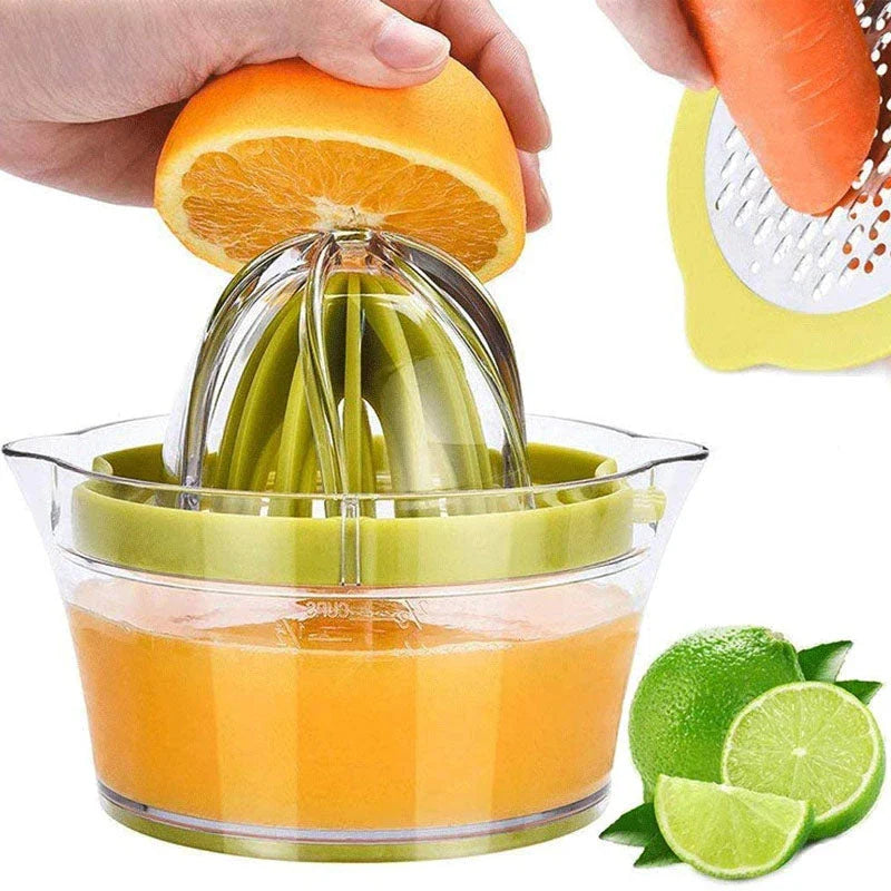 A manual citrus juicer with a built-in measuring cup, grater, and egg separator for versatile kitchen tasks