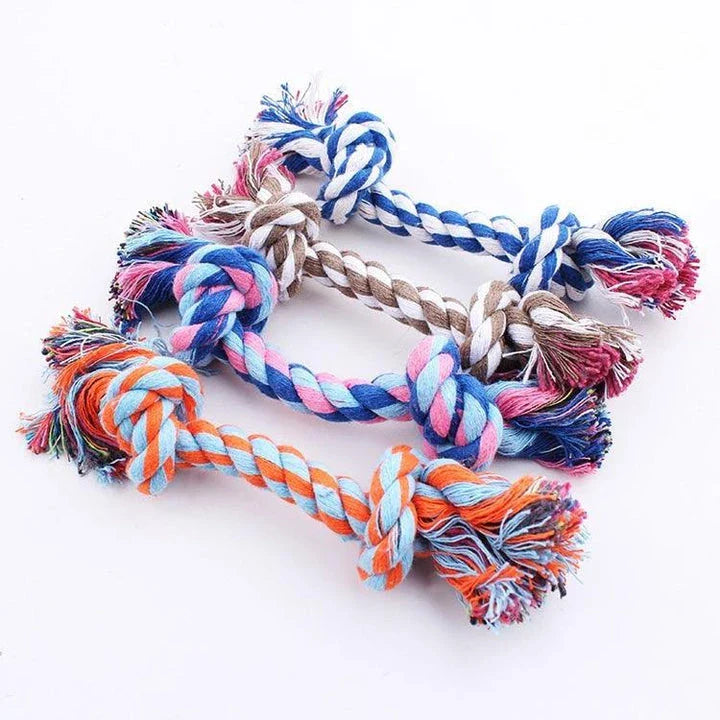Robust cotton bone-shaped braided toy for dogs, designed to withstand chewing and promote dental health