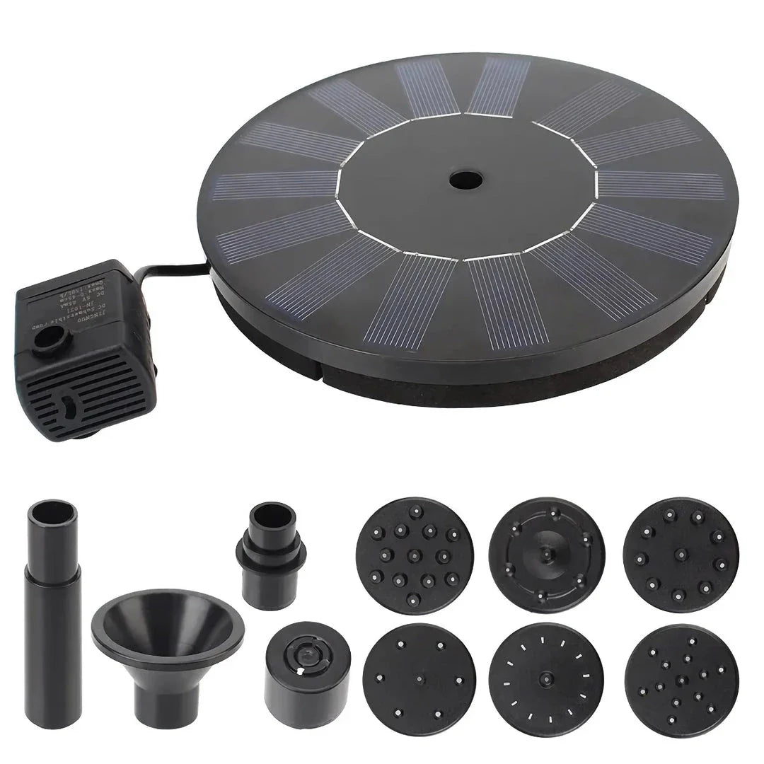 3W solar-powered water fountain with LED lights and customisable spray nozzles, perfect for enhancing any garden or pond