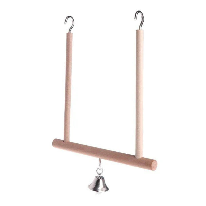 A natural wooden swing with a bell, designed as a perch and toy for parrots to enjoy in their cage or aviary.
