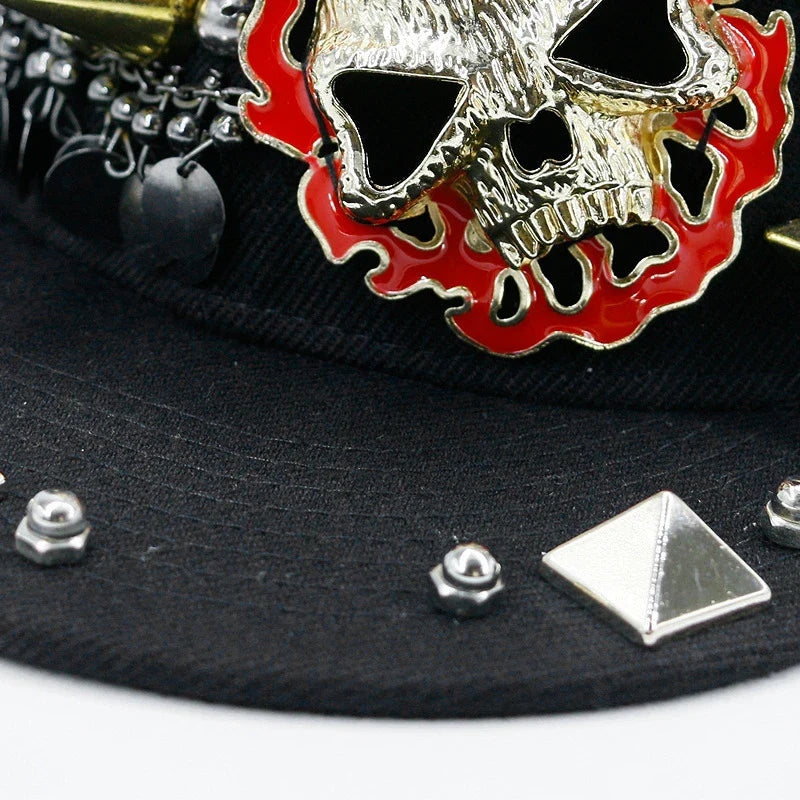 Stylish Ghost Head Baseball Cap with Rivets - Adjustable, Flat Brim, Premium Cotton-Polyester Blend