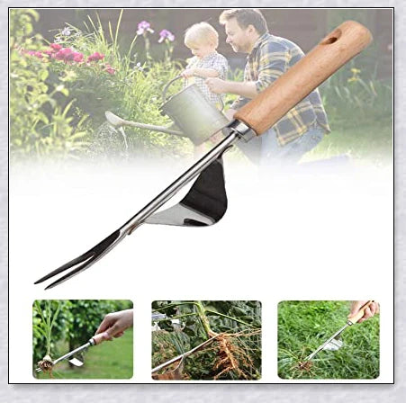 Premium British stainless steel manual weed puller with curved metal base and sharp forks for easy weed removal
