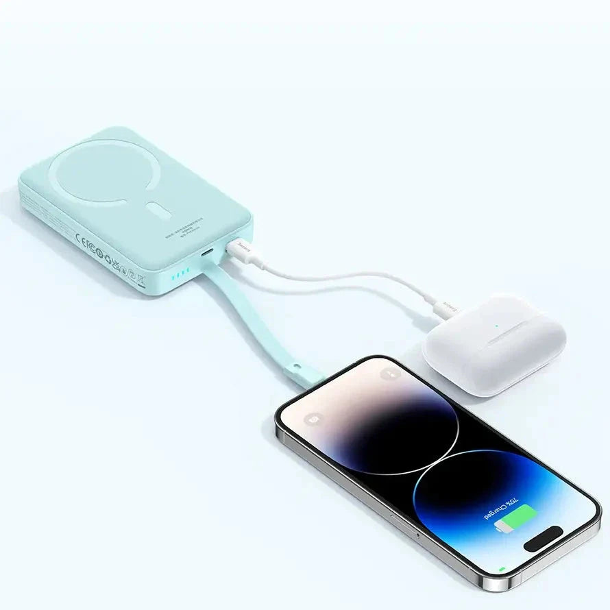 High-capacity magnetic power bank with wireless fast charging and built-in cables, providing 10,000mAh of reliable power for mobile devices.
