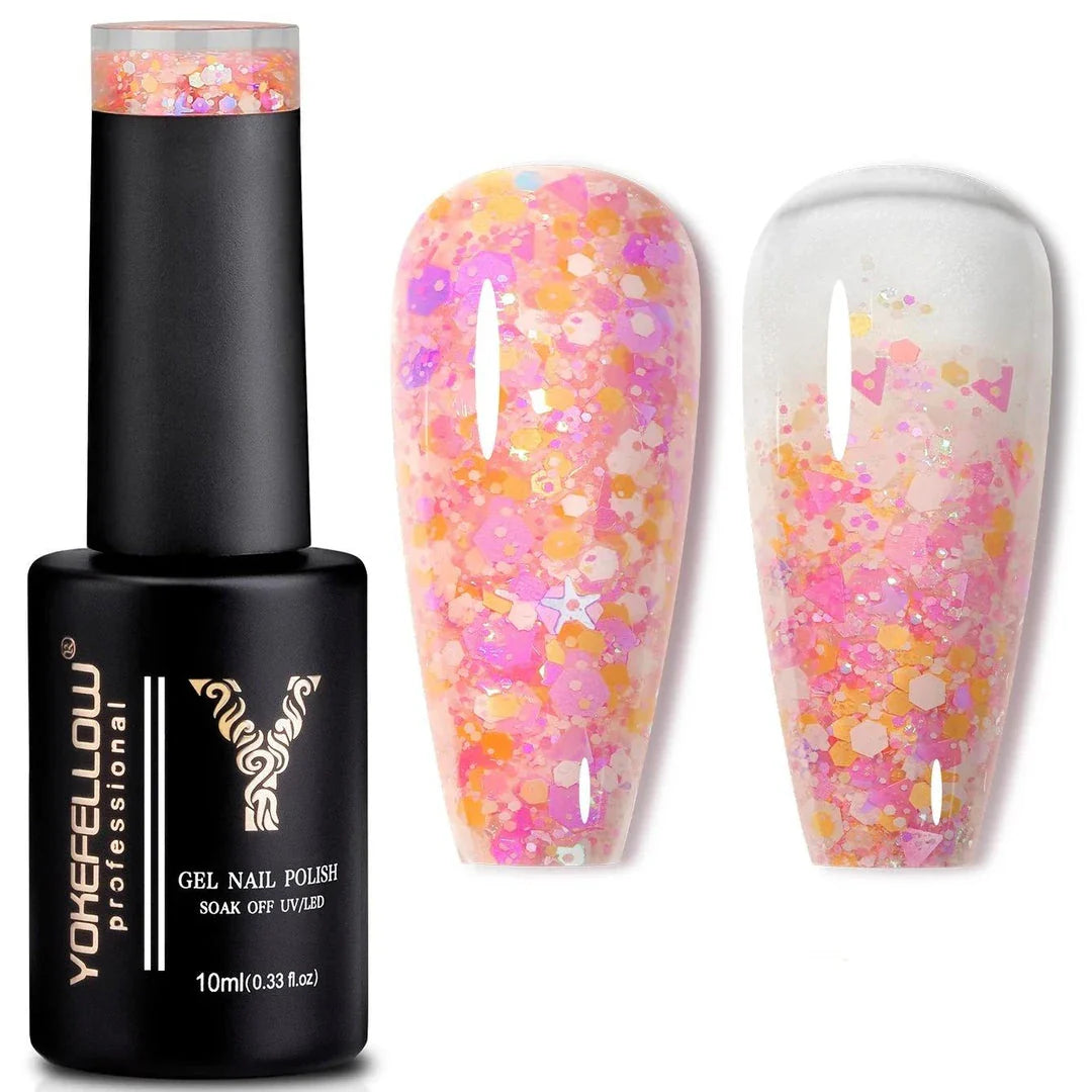 Sparkling pink gel nail polish with glitter sequins for a dazzling manicure