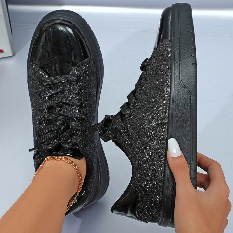 Glittering sequin flats with thick soles and lace-up closure in various vibrant colours