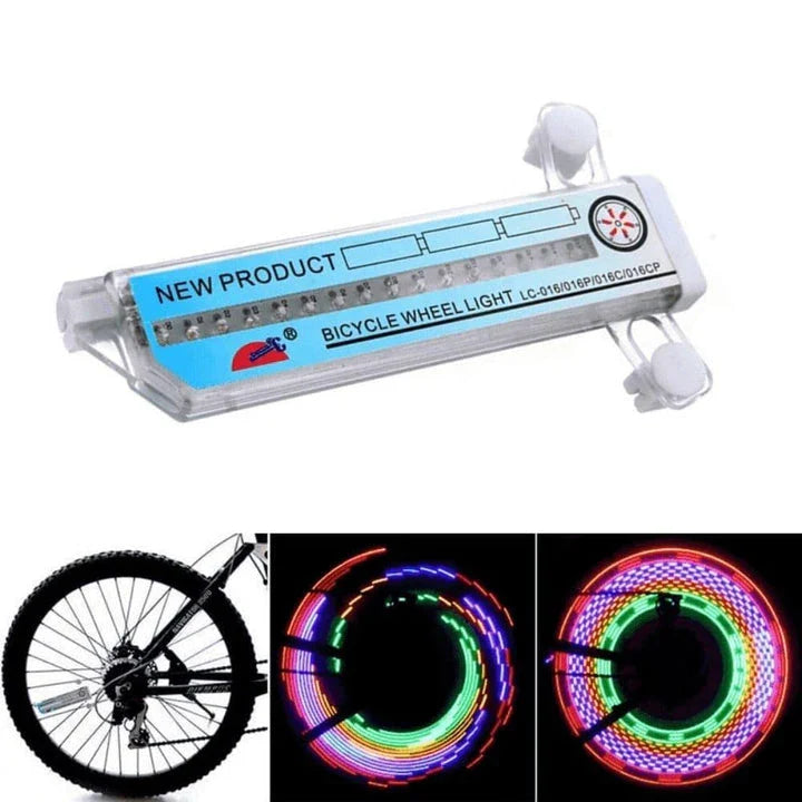 Bicycle Wheel Flashing Light with 32 LED lights in red, blue, and green colours that create a mesmerizing light show