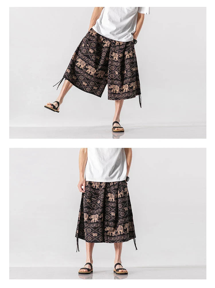 Men's loose-fitting Chinese-inspired cropped pants with a dragon or elephant floral pattern in navy blue, red, or coffee colours