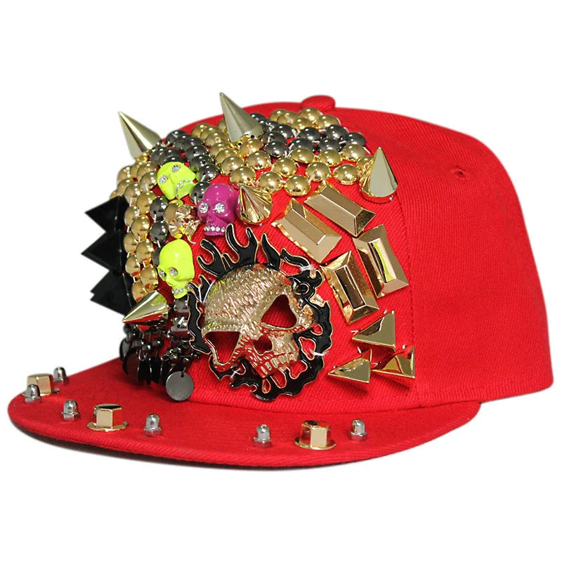 Stylish Ghost Head Baseball Cap with Rivets - Adjustable, Flat Brim, Premium Cotton-Polyester Blend