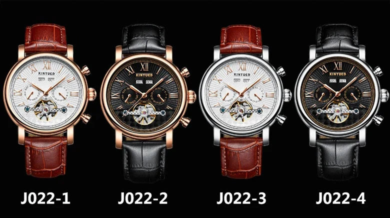 Automatic mechanical watch with genuine leather strap, featuring a stylish hollow-out dial design