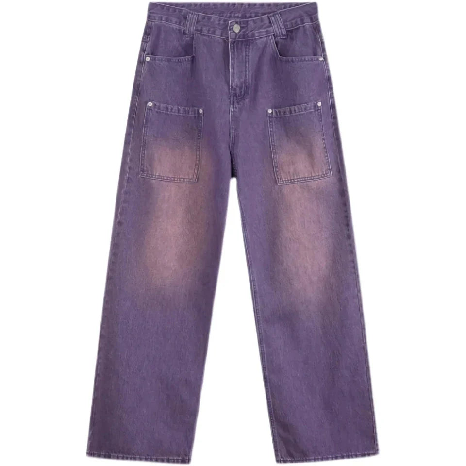 Stylish high-waist purple wide-leg jeans with elegant button details and a premium denim design