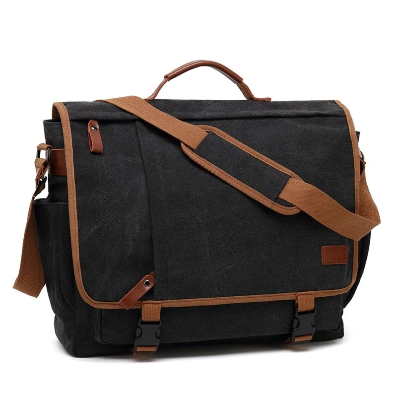 Men's canvas waterproof shoulder bag with 17-inch laptop compartment, durable and weather-resistant design