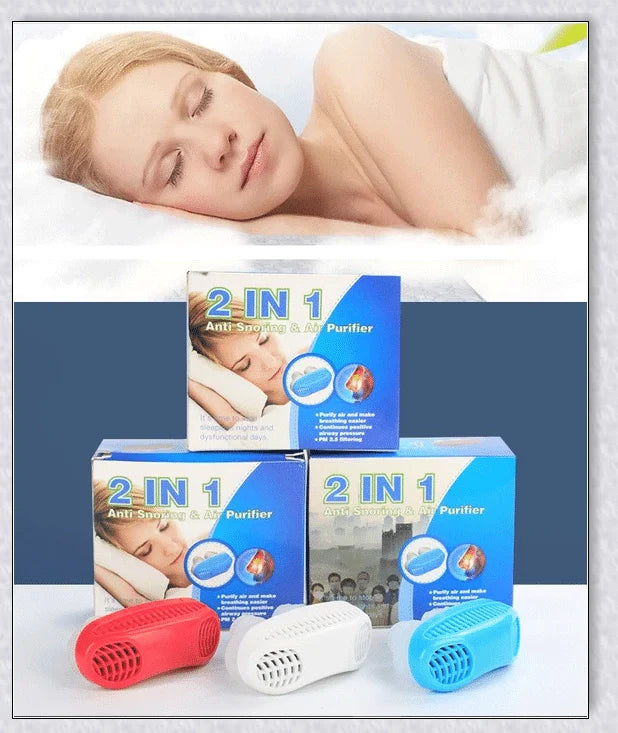 Maskless, cordless anti-snoring device for sleep apnea relief, featuring innovative air filtration system and compact, discreet design