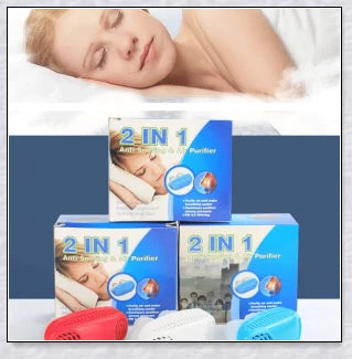 Maskless, cordless anti-snoring device for sleep apnea relief, featuring innovative air filtration system and compact, discreet design