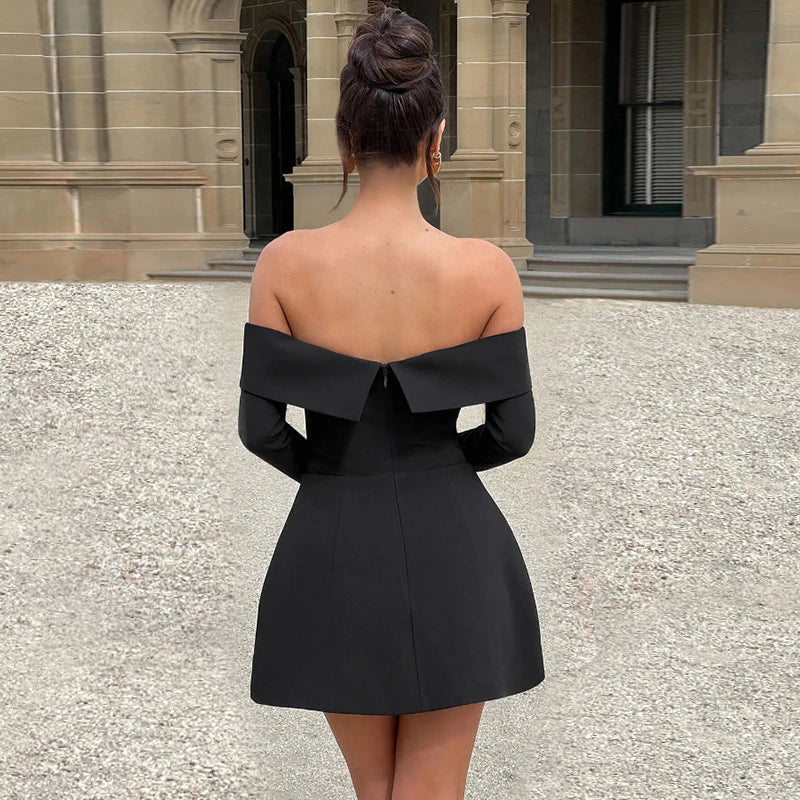 Elegant off-the-shoulder A-line dress for women with slim fit, bell sleeves, and high waist design