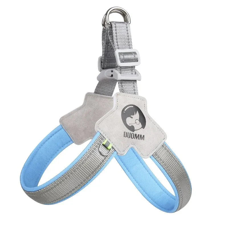 Reflective mesh dog harness vest with adjustable straps for a secure and comfortable fit, designed for safe and stylish walks with your canine companion.