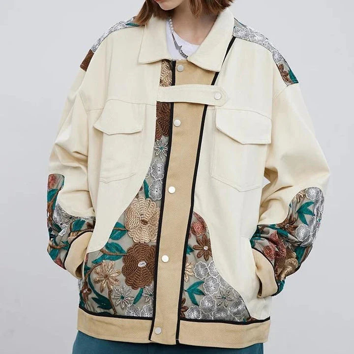 Trendy embroidered patchwork denim jacket in various sizes, perfect for autumn and winter wear