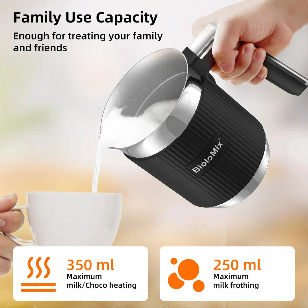 A stainless steel and black 5-in-1 automatic milk frother that can create hot, cold, and frothed milk for delicious coffee, latte, cappuccino, and hot chocolate drinks