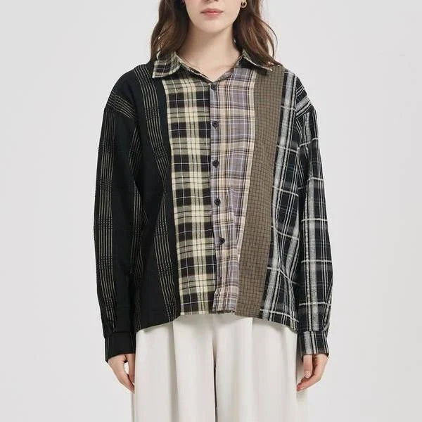 A stylish plaid shirt with a unique patchwork design, made from a comfortable cotton-blend fabric.