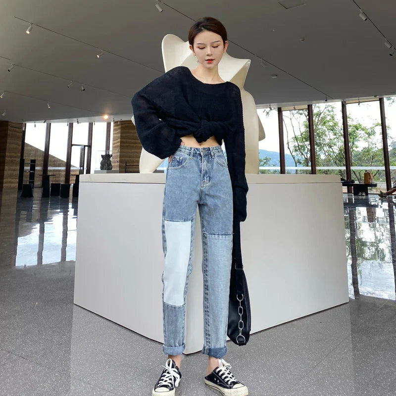Premium high-waisted straight-leg denim trousers in light blue for autumn fashion