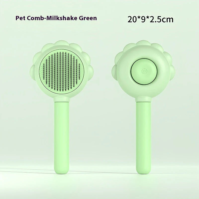 Premium 2-in-1 Self-Cleaning Pet Grooming Brush and Comb with curved comb teeth and ergonomic, non-slip handle for efficient and gentle grooming