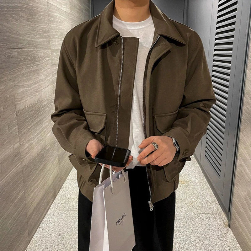 Premium retro-inspired polo collar jacket for men, featuring a relaxed fit, durable polyester construction, and timeless brown colour
