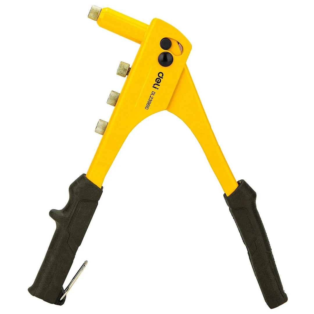 Premium 10.5-inch single-handed rivet gun for DIY projects, made of durable chromium-molybdenum alloy steel with a comfortable coated handle.